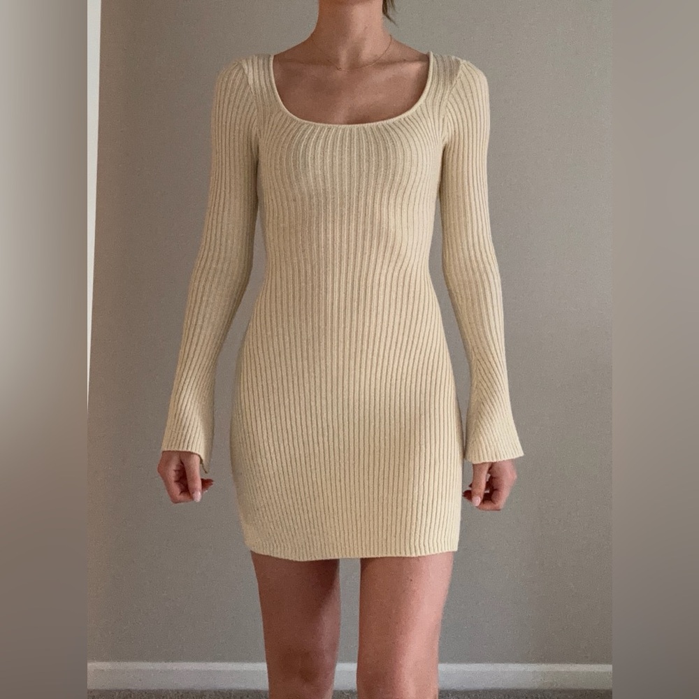 Princess Polly Cream Ribbed Scoop-Neck Long-Sleeve Mini Dress